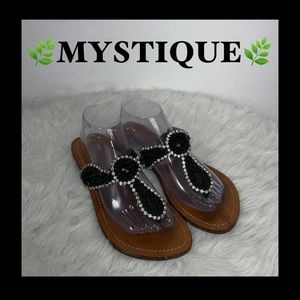 Mystique Boutique Black Jeweled T-Strap Sandals